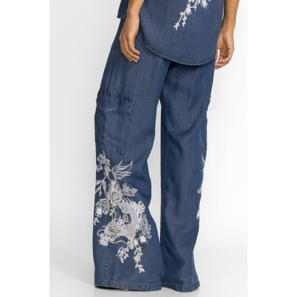 Johnny Was Indigo Wide-Leg Denim Pants with White Embroidered Dragon